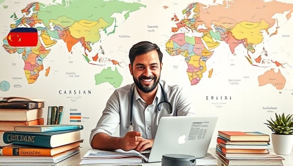 A remote language coach conducting a virtual language lesson with a client, surrounded by language textbooks, maps of different countries, and cultural artifacts, creating an immersive and interactive learning environment.