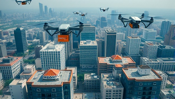 An aerial view of a bustling cityscape with HydroAir Express drones zipping through the sky, delivering packages to rooftops and balconies, demonstrating the futuristic and efficient nature of hydrogen-powered drone logistics.
