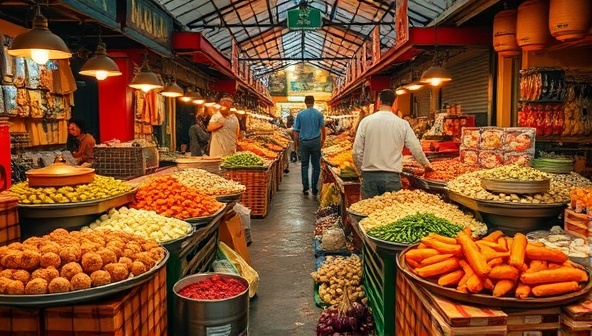 An enticing visual of a bustling food market with a variety of colorful dishes and ingredients on display, capturing the essence of diverse culinary experiences awaiting users on the TasteTrek app.