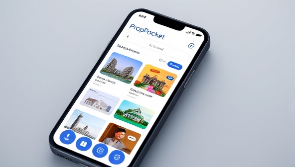 A smartphone screen displaying the PropPocket app interface with colorful property listings, investment opportunities, and user-friendly features, illustrating the convenience and accessibility of fractional real estate investments offered by PropPocket in a modern and engaging visual representation.