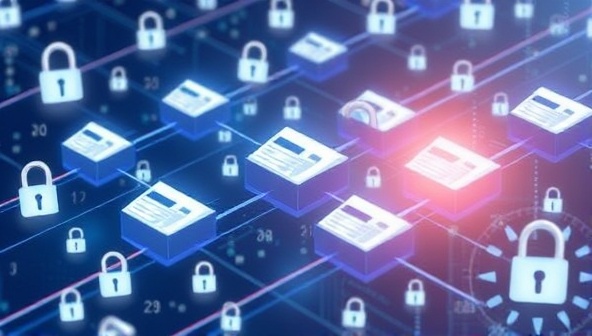 An illustrative image of a blockchain network with interconnected blocks representing verified invoices, surrounded by digital locks and security algorithms, symbolizing the secure and transparent nature of the BlockVerifyInvo platform in preventing invoice fraud and ensuring trust in financial transactions.