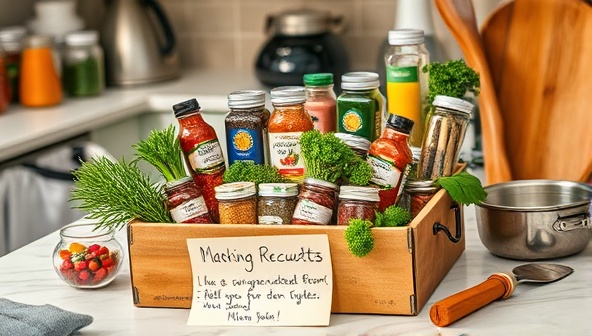 An enticing image of a colorful box filled with international spices, herbs, and ingredients neatly arranged on a kitchen countertop, with a handwritten recipe card and cooking utensils nearby, evoking a sense of culinary adventure and cultural exploration.