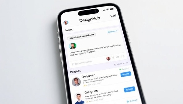 An image of a smartphone displaying the DesignHub Marketplace platform interface with designer profiles, project listings, and a chat feature for client-designer communication, illustrating the collaborative and dynamic nature of the web design marketplace.