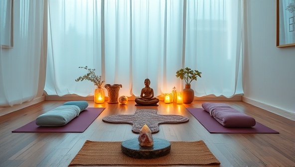A serene virtual retreat setup with a calming meditation space, yoga mats, healing crystals, and glowing candles, creating a tranquil and inviting atmosphere for a transformative wellness experience with SoulVoyage Escapes.