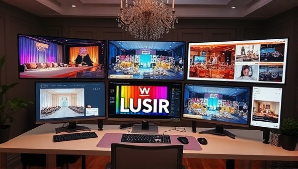 A virtual event planner's workspace with multiple screens displaying event layouts, vibrant decor ideas, and a mood board, creating an atmosphere of creativity and meticulous planning.