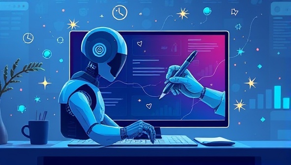 An illustration of a futuristic AI writing assistant, depicted as a virtual assistant on a computer screen, seamlessly crafting engaging content with a digital pen, surrounded by creative sparks and ideas.