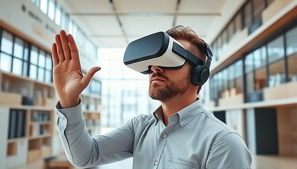 An architect wearing a VR headset, fully immersed in a virtual architectural space, interacting with the design elements and experiencing the future building project in a realistic and engaging virtual environment.