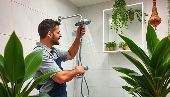 A professional plumber installing a water-saving showerhead in a modern bathroom, surrounded by lush green plants and eco-friendly decor, symbolizing the fusion of luxury and sustainability in home design.