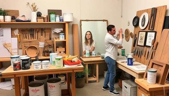 A cozy home workshop setup with a variety of DIY tools, paint cans, brushes, and wood planks, showcasing a work-in-progress home improvement project with the host demonstrating a creative technique, inspiring viewers to embark on their DIY journey.