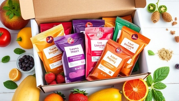 An assortment of vibrant and fresh smoothie ingredients neatly arranged in individual packets within a sleek and modern subscription box, surrounded by colorful fruits and superfood powders, conveying a sense of freshness and healthful indulgence.