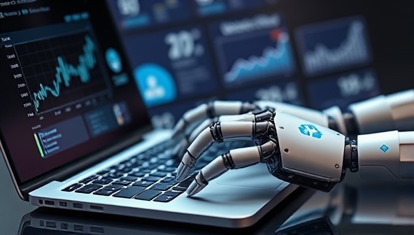 An AI-powered robot hand typing personalized emails on a sleek digital interface, with data visualization graphics showing email campaign performance metrics in real-time, illustrating the efficiency and effectiveness of AI-driven email marketing.