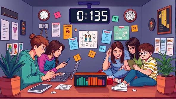 An engaging digital illustration showing a group of friends solving puzzles together in a virtual escape room, with animated clues and a countdown timer adding suspense and excitement to the scene.