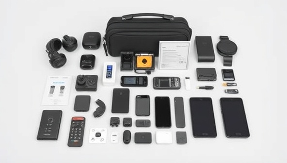 A sleek and modern tech gadget display, showcasing the contents of a Tech Trekker Box with cutting-edge travel accessories, compact smart devices, and digital essentials neatly arranged in a travel-friendly case, embodying innovation and convenience for the modern traveler.