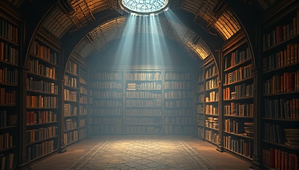An artistic depiction of a digital library interface resembling an ancient, mystical vault filled with virtual shelves of rare books and manuscripts, illuminated by a soft glow, conveying a sense of mystery, discovery, and intellectual exploration, with the tagline 
