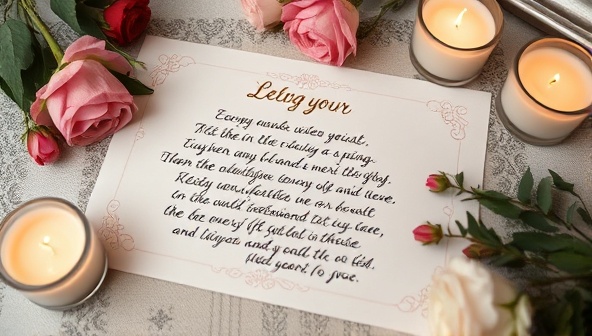 An elegant and sentimental image of a handwritten poem on decorative paper, surrounded by flowers and candles, evoking a sense of intimacy and personal touch, ideal for special occasions and heartfelt gestures.