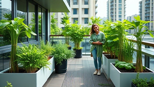 An aesthetic image of a modern urban apartment balcony filled with lush green plants growing in smart planter boxes, with a person joyfully tending to the crops, embodying the concept of sustainable urban farming.
