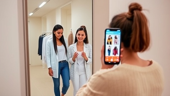 An interactive AR experience showing a user virtually trying on different outfits and accessories in a digital mirror, capturing the excitement and convenience of the ARfit app.