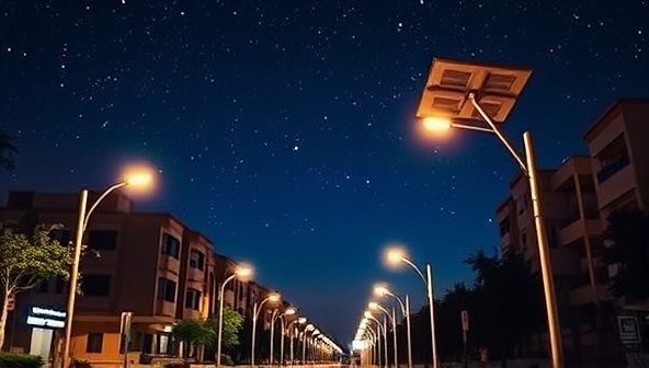 An urban street illuminated by solar-powered LED streetlights, showcasing the energy-efficient and eco-friendly nature of the lighting system against a backdrop of a starry night sky, emphasizing safety and sustainability.