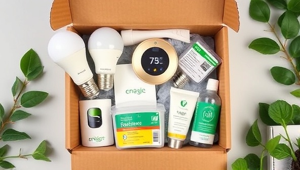 An artistic flat lay of a subscription box filled with energy-efficient home products like LED bulbs, a smart thermostat, and eco-friendly cleaning supplies, showcasing the contents and the concept of sustainability.