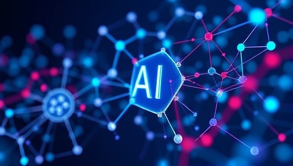 An abstract representation of AI algorithms working behind the scenes, showing interconnected nodes processing data streams and generating personalized marketing strategies, symbolizing the power of artificial intelligence in marketing.