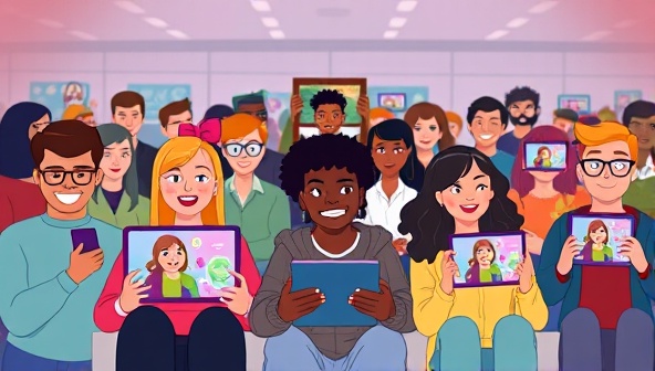 An animated scene depicting a diverse group of people watching personalized videos on various devices, with expressions of delight and engagement, highlighting the impact of personalized video marketing on viewer experiences.