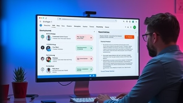 A computer screen displaying the AI-powered copywriting assistant interface, with suggested copy variations and performance metrics, alongside a user reviewing and editing the AI-generated content, reflecting the seamless integration of technology and human creativity in CopyGenieAI.