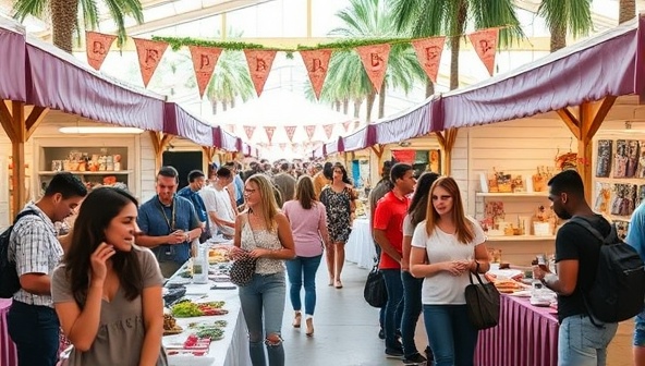 An image of a vibrant pop-up event marketplace with diverse local businesses showcasing their products to engaged attendees.
