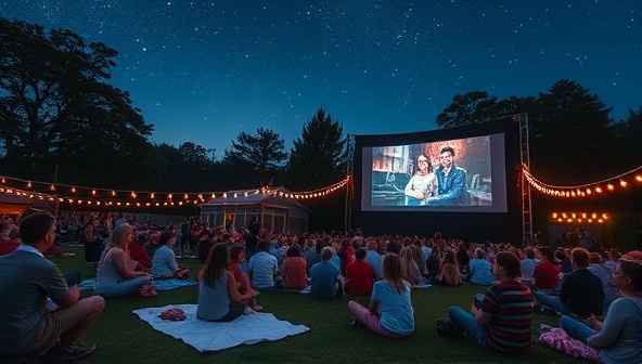 An outdoor setting with a giant screen set up for a movie night, surrounded by fairy lights, cozy blankets, and a diverse crowd of families and friends enjoying a film under the starry night sky, creating a magical and communal atmosphere.