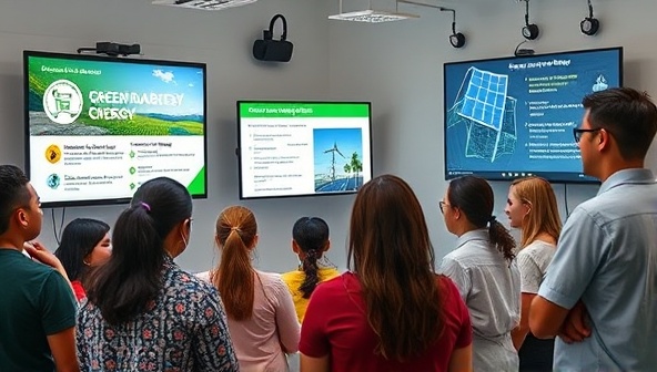 An educational scene showcasing a diverse group of learners engaging in an online green energy course on the GreenLearn Hub platform, with digital screens displaying renewable energy concepts, interactive quizzes, and collaborative discussions, illustrating a dynamic and interactive learning environment focused on sustainability.