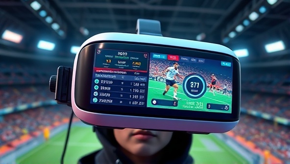 A futuristic VR headset displaying virtual sports events with animated betting interfaces, surrounded by a digital stadium atmosphere, capturing the excitement of the VR betting experience.