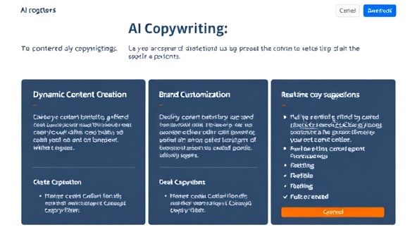 An AI-powered copywriting tool interface displaying dynamic content creation options, brand customization features, and real-time copy suggestions, highlighting the tool's time-saving capabilities and marketing impact.