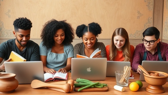 A visually engaging image featuring a diverse group of students participating in a virtual food entrepreneurship course, each immersed in their studies, surrounded by laptops, notebooks, and culinary tools, symbolizing education, collaboration, and the journey towards culinary entrepreneurship.