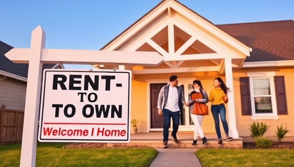 A dynamic visual showcasing a rent-to-own property sign in front of a welcoming home, with a diverse group of individuals happily moving in, symbolizing the transition from renting to owning facilitated by OwnIt Now's innovative platform.