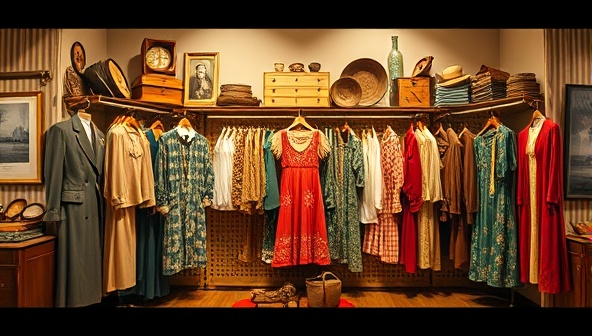 An artistic and nostalgic vintage clothing marketplace display featuring retro garments, classic accessories, and timeless fashion pieces arranged in a vintage-inspired setting, evoking a sense of style, history, and individuality in fashion choices.