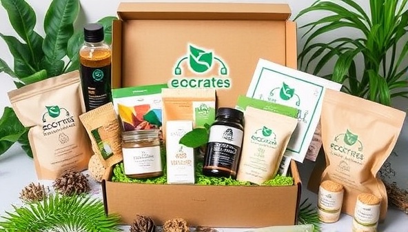 An aesthetically pleasing and eco-friendly subscription box arrangement with various sustainable products neatly displayed, surrounded by greenery and natural elements, conveying the essence of EcoCrate's offerings.