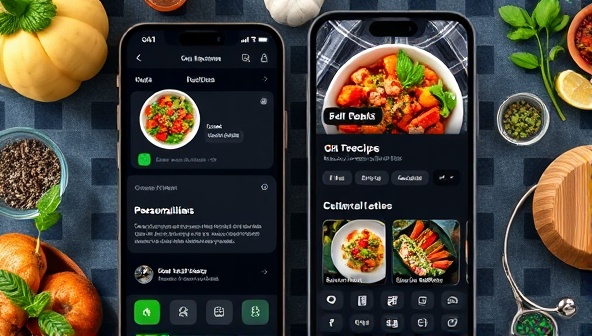 An engaging app interface showcasing a personalized recipe recommendation for a user, complete with vibrant food images, cooking instructions, and interactive features, highlighting the user-friendly and innovative nature of the AI-powered app.