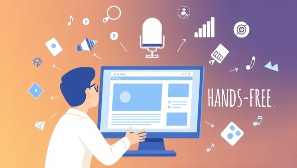 An illustration of a person using a voice command to design a website on a digital screen, surrounded by floating voice waveforms and design elements, showcasing the intuitive and hands-free experience of VoxSite Builder in a visually engaging manner.