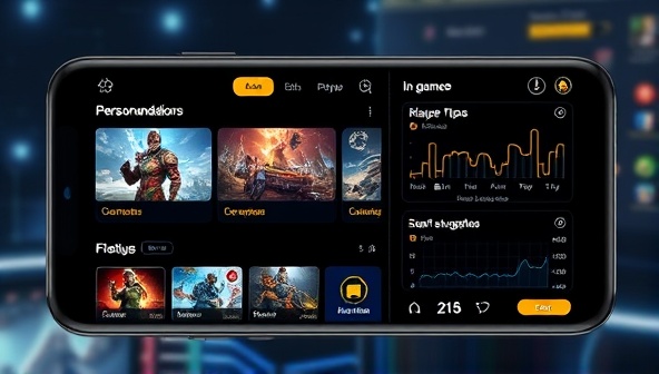 An AI-powered game companion app interface showing personalized game recommendations, in-game tips, and player performance analysis, with interactive features and smart suggestions tailored to enhance the gaming experience and help players level up their skills, showcasing the futuristic and intelligent nature of the app.
