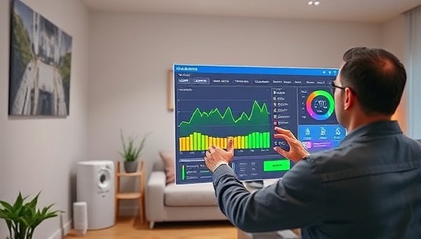 A smart home environment with various energy-efficient devices and sensors, displaying real-time energy usage data on a digital dashboard, with a homeowner adjusting settings to optimize energy efficiency and reduce consumption, illustrating a modern and sustainable living concept.