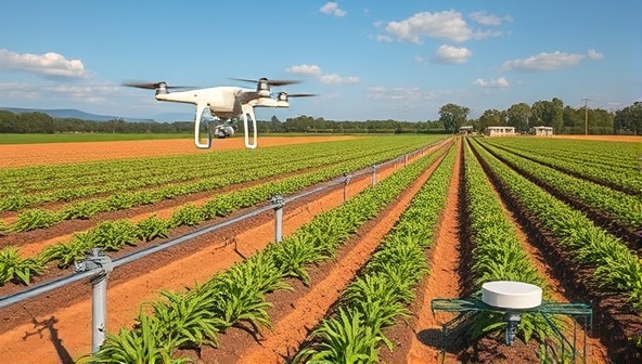 A modern farm with drones flying overhead, automated irrigation systems in action, and soil sensors placed strategically in the fields, symbolizing the integration of technology into traditional farming practices.
