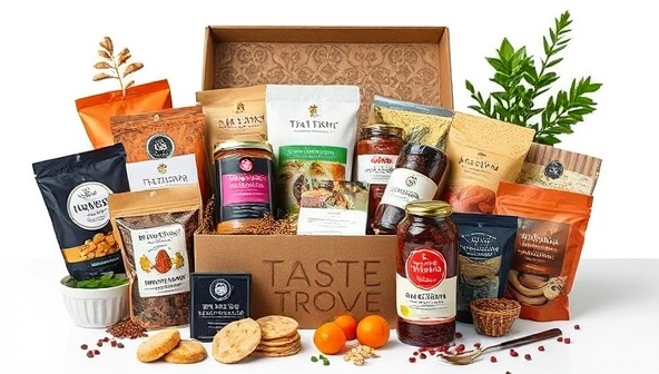 An enticing and diverse array of gourmet products displayed in a beautifully crafted Taste Trove subscription box, surrounded by artisanal snacks, exotic ingredients, and a personalized note, evoking the excitement and delight of discovering new culinary treasures in each monthly delivery.