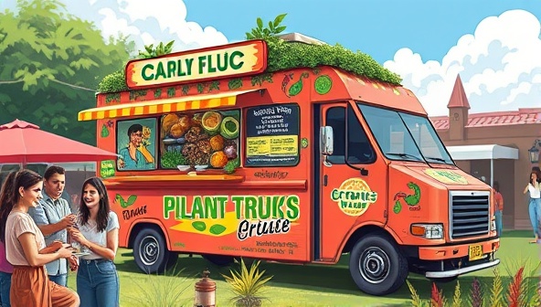 An artistic rendering of a vibrant food truck adorned with colorful plant-based dishes, surrounded by happy customers enjoying their meals outdoors, capturing the essence of flavorful and sustainable street food culture.