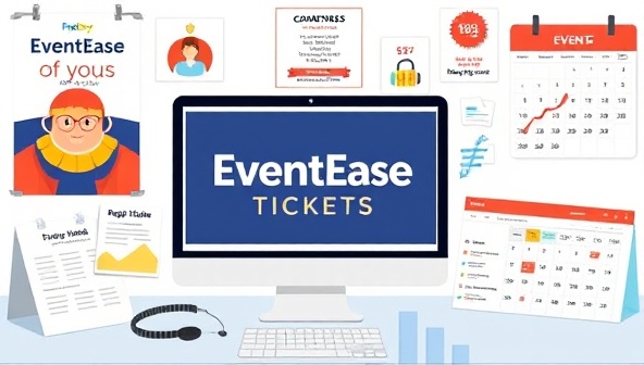 A digital event planning hub with a computer screen displaying the EventEase Tickets platform interface, surrounded by event banners, registration forms, a headset for customer support, and a calendar with event dates, showcasing the efficiency and convenience of the virtual event ticketing platform.