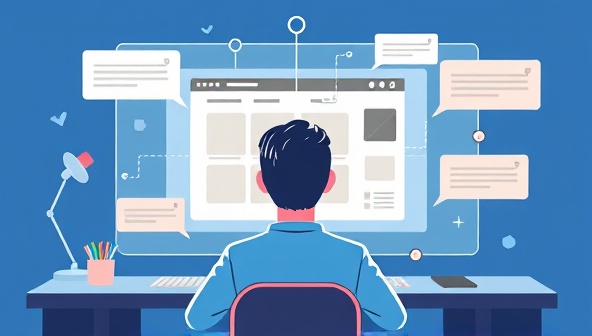 An illustration of a person using voice commands to design a website on a virtual screen, with speech bubbles and interactive elements representing the intuitive and hands-free design process offered by VoxWeb Design, making web design accessible to all users.