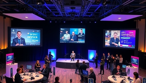 An immersive virtual event setup with multiple screens displaying live presentations, interactive chat features, and virtual networking spaces, surrounded by digital event branding and engagement metrics, showcasing the dynamic and engaging nature of virtual events managed by the service.