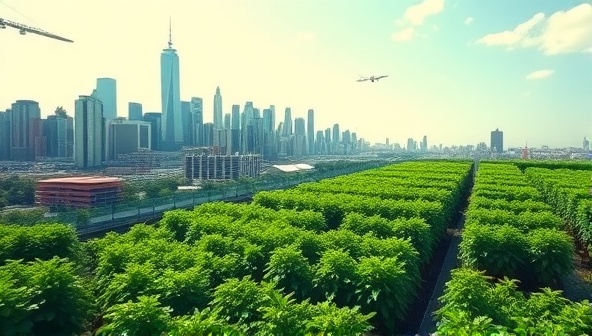 A vibrant image of a modern cityscape with skyscrapers in the background, juxtaposed with lush green vertical urban farms bustling with activity, showcasing the harmony of nature and urban living.