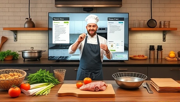 An interactive virtual cooking class setup featuring a chef showcasing a culinary technique or recipe, with ingredients, kitchen tools, and a digital recipe guide displayed on the screen, creating a dynamic and engaging cooking experience for participants in a virtual kitchen setting.