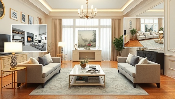 An elegant living room setting with virtual design elements overlaying the space, showcasing different decor styles, color schemes, and furniture placements recommended by VirtualDeco's virtual interior designers, highlighting the transformative power of digital design consultations.