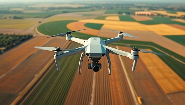 Agricultural drone flying over vast farmland, capturing high-resolution images of crops and land patterns, showcasing the advanced technology and precision agriculture capabilities of drone consulting services.