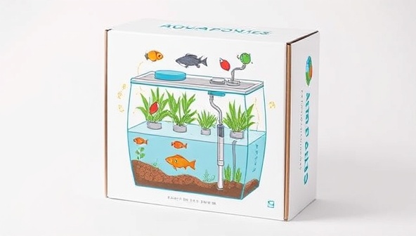 An appealing subscription box design featuring a colorful illustration of a mini aquaponics system with fish, plants, and water circulation, conveying a harmonious and sustainable ecosystem in a compact format.